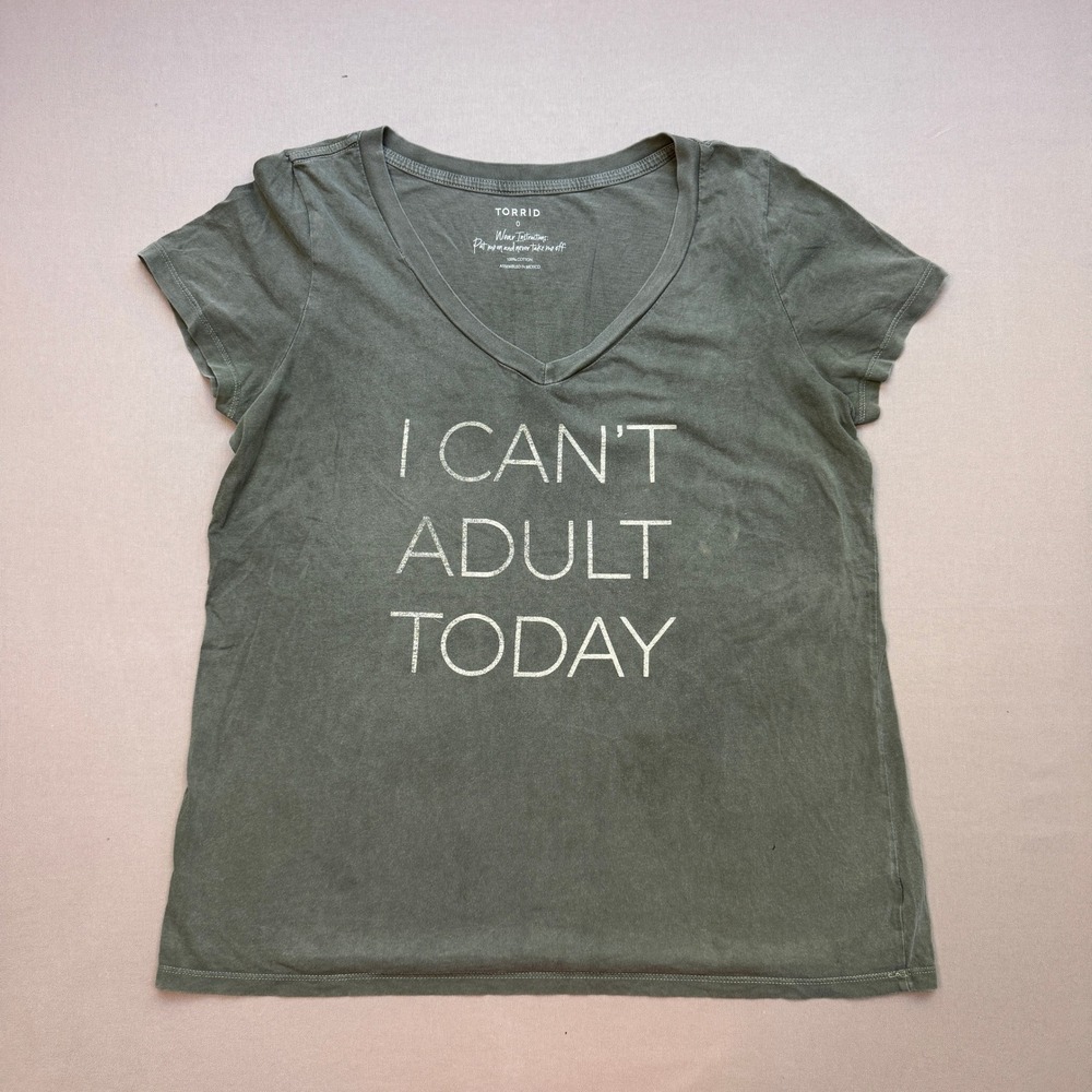 Torrid I Can't Adult Today Graphic V-Neck Tee Olive Green Cotton Size 0 L XL